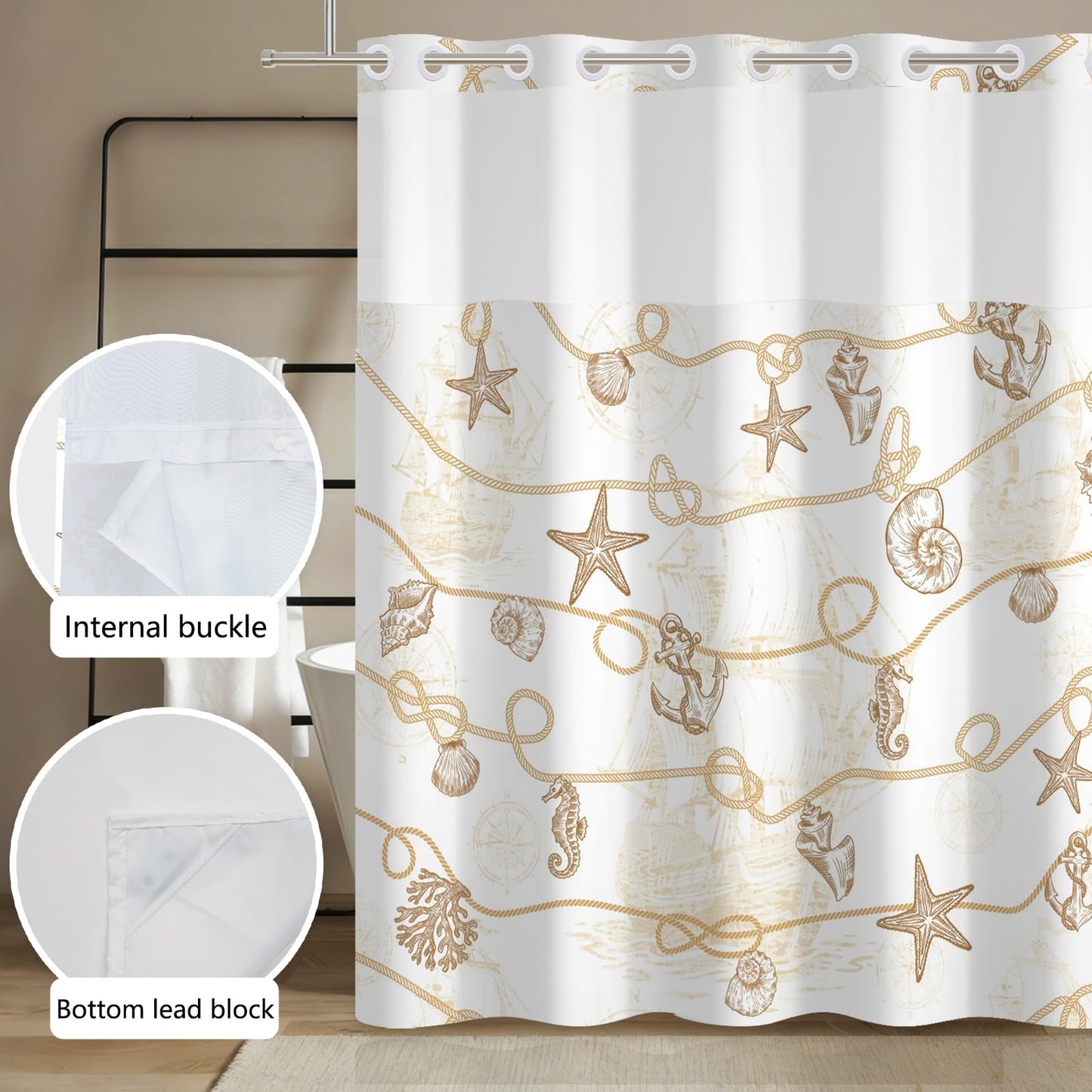 Xiazhilaio No Hook Ocean Shower Curtain with Snap in Liner 71W x 74H