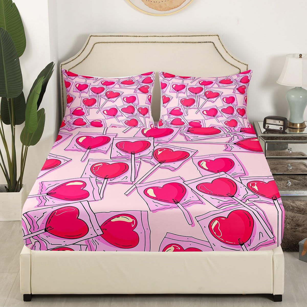 Feelyou Boys Girls Love Heart Bed Sheet Set Full Size, Valentine's Day Fitted Sheet Kids Red Heart Bedding Set Romantic Teens Bed Cover Bedroom Decor Lightweight Bed Set (No Flat Sheet)
