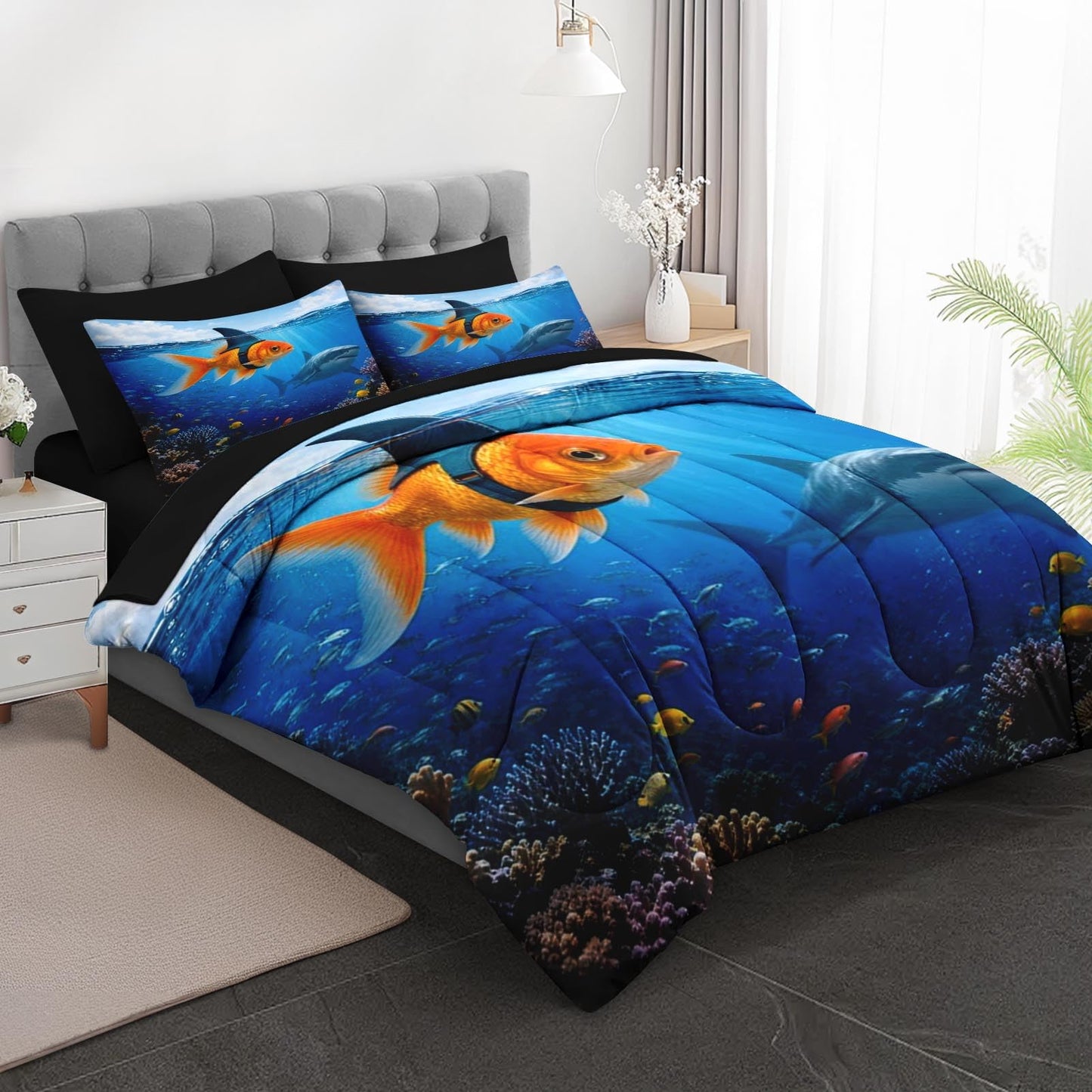 Boewywh Comforter Set Twin Size Funny Shark Ocean 7 Pcs, Bedding for Kids and Adults, Fish Blue Bed Sheet Sets with Fitted Sheet 2 Pillowcases & 2 Shams for Bedroom Bed Decor