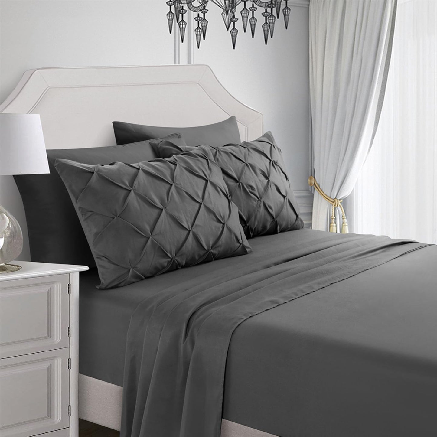 AiMay 6 PC Sheet Pillowcase Set Deep Pocket Double Brushed Microfiber Soft Durable Solid Color Wrinkle Free 1 Flat Sheet 1 Fitted Sheet 2 Pillowcases 2 Pinch Plated Pillowcases(Gray, Queen)