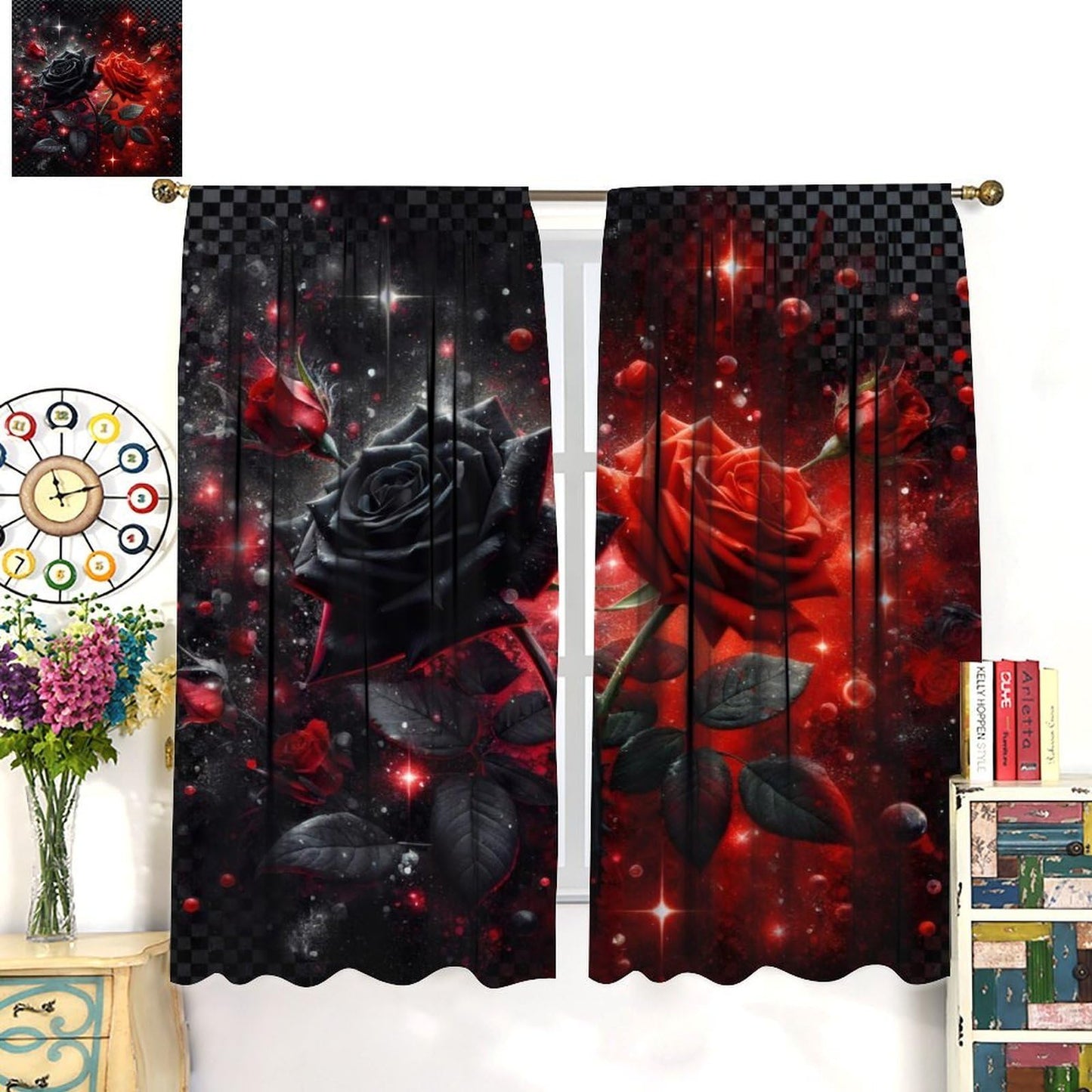 GoDazzling Red Rose Curtains, Valentine's Day Red Rose Abstract Modern Art Black Red Vintage Window Drapes, for Bedroom Living Room 41" W X 45" L (No Blackout)