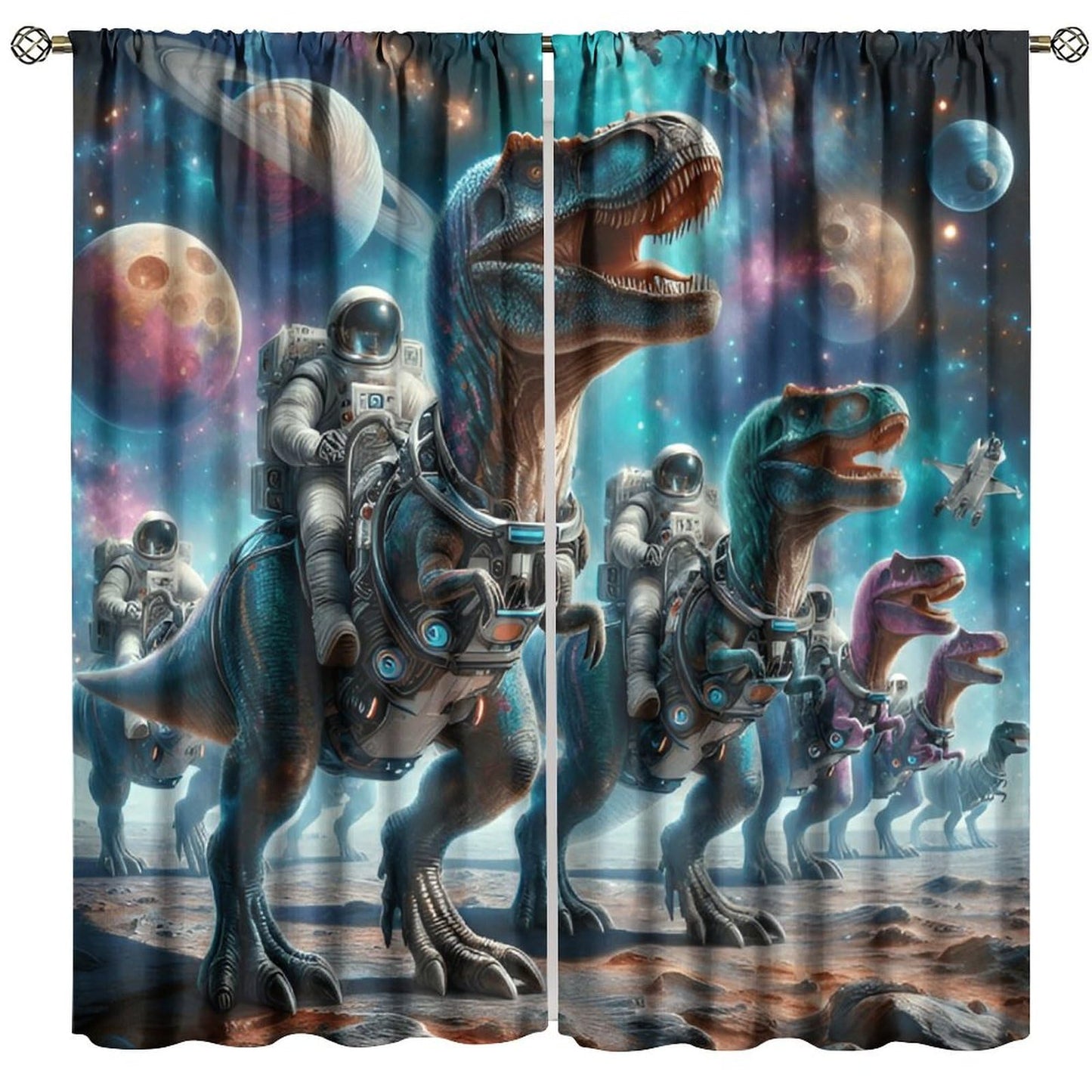 LOMADIA Dinosaur Kids Curtains, Starry Sky Astronaut Blackout Curtain, Star Dino Pattern Window Treatments Drapes for Nursery Boys Girl Bedroom Children Room Decor 21" W x 45" L (Pack of 2)