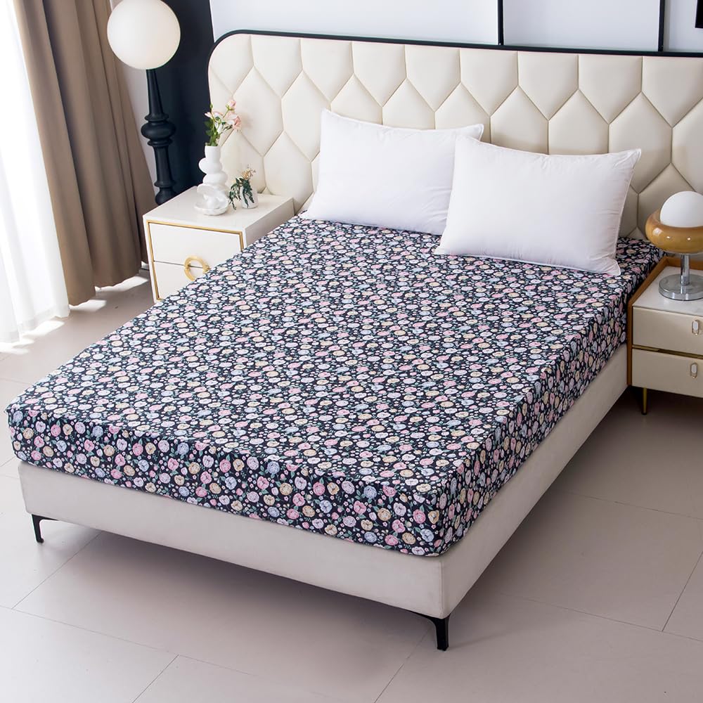 NATURETY Bedding Fitted Sheet with Deep Pocket,Colorful Floral Printed Fabric Bed Sheets(Black Flower,Queen)