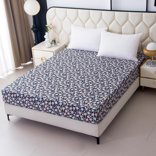 NATURETY Bedding Fitted Sheet with Deep Pocket,Colorful Floral Printed Fabric Bed Sheets(Black Flower,Queen)