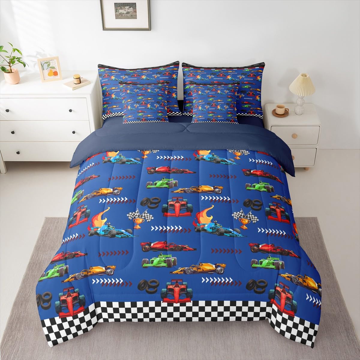 jejeloiu Blue Race Car Twin Comforter Set with Sheets for Kids Boys Girls Speed Sports Car 7 Pieces Bedding Set Extreme Sports Bed in a Bag Room Decor Soft Lightweight Microfiber