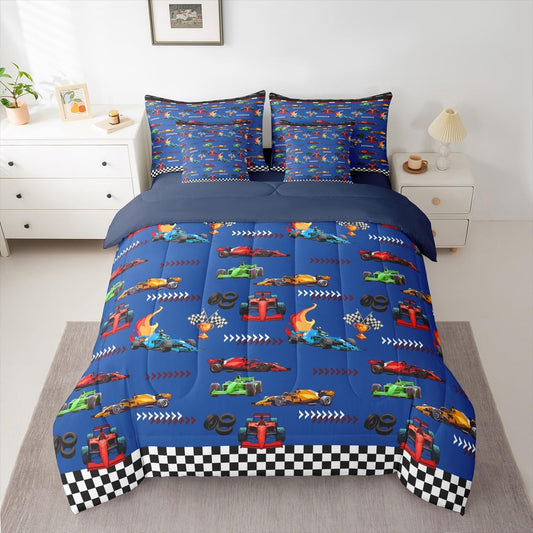 jejeloiu Blue Race Car Twin Comforter Set with Sheets for Kids Boys Girls Speed Sports Car 7 Pieces Bedding Set Extreme Sports Bed in a Bag Room Decor Soft Lightweight Microfiber