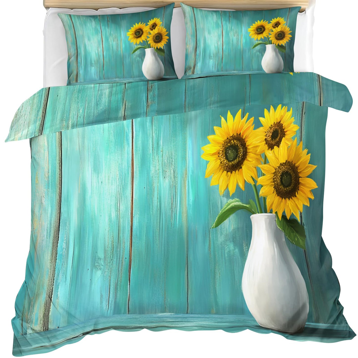 PAISUOQ Rustic Bedding Sets, Sunflowers Duvet Cover Queen, Teal Wood Grain Comforter Cover with Zipper Ties, 3 Pieces with 2 Pillowcases, Home Decor & Gifts