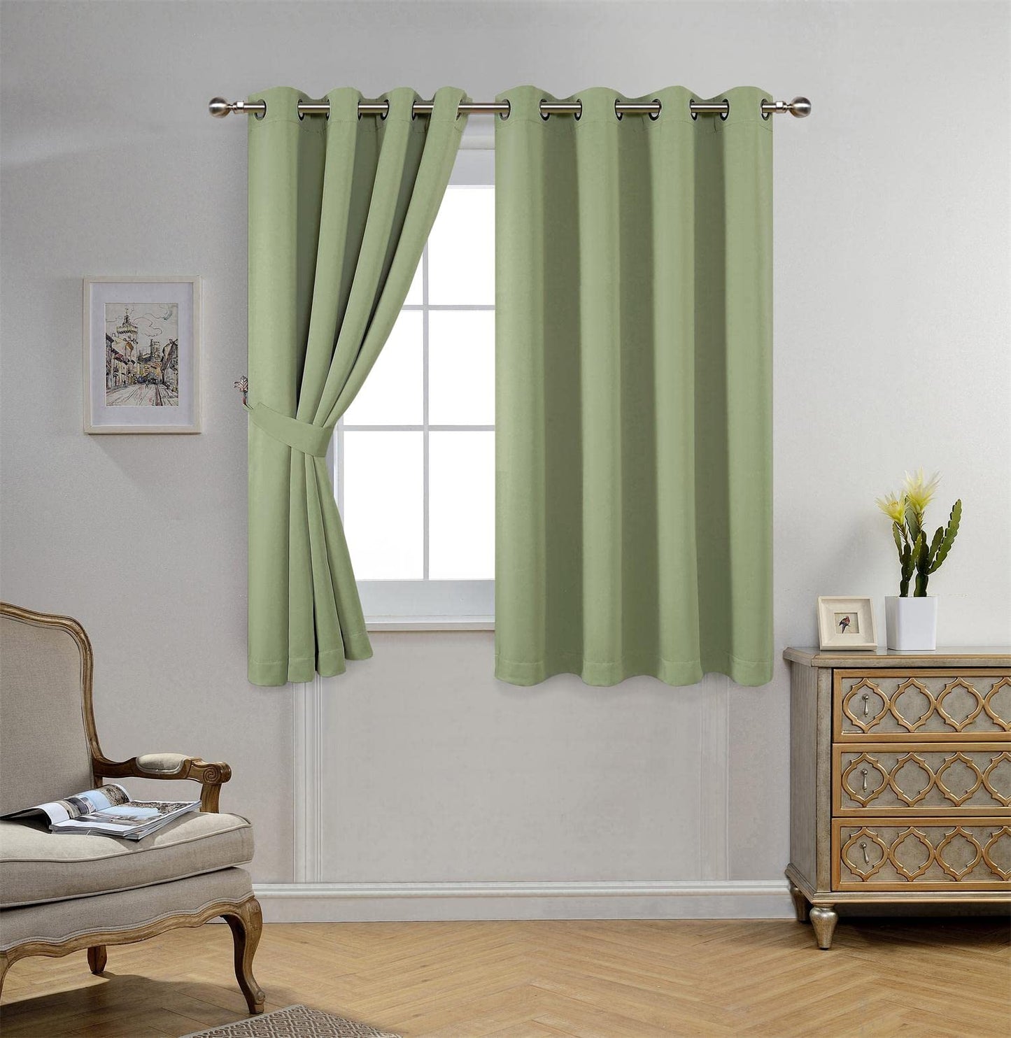 MIUCO 1 Pair Thermal Insulated Grommet 52-Inch-by-63-Inch Blackout Window Curtain Panels with 2 Tie Backs, Sage