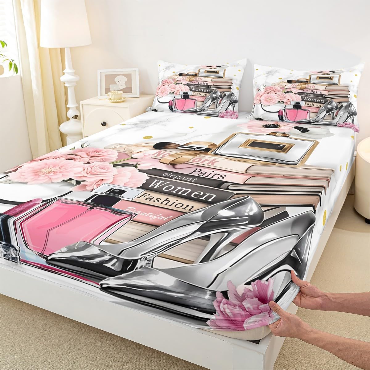 Erosebridal Fashion Pink Sheet Set King Size Flower Perfume Girly Bed Sheets for Girls Women White Gray Gold Marble Sheets High Heels Magazine Books Bedding Set