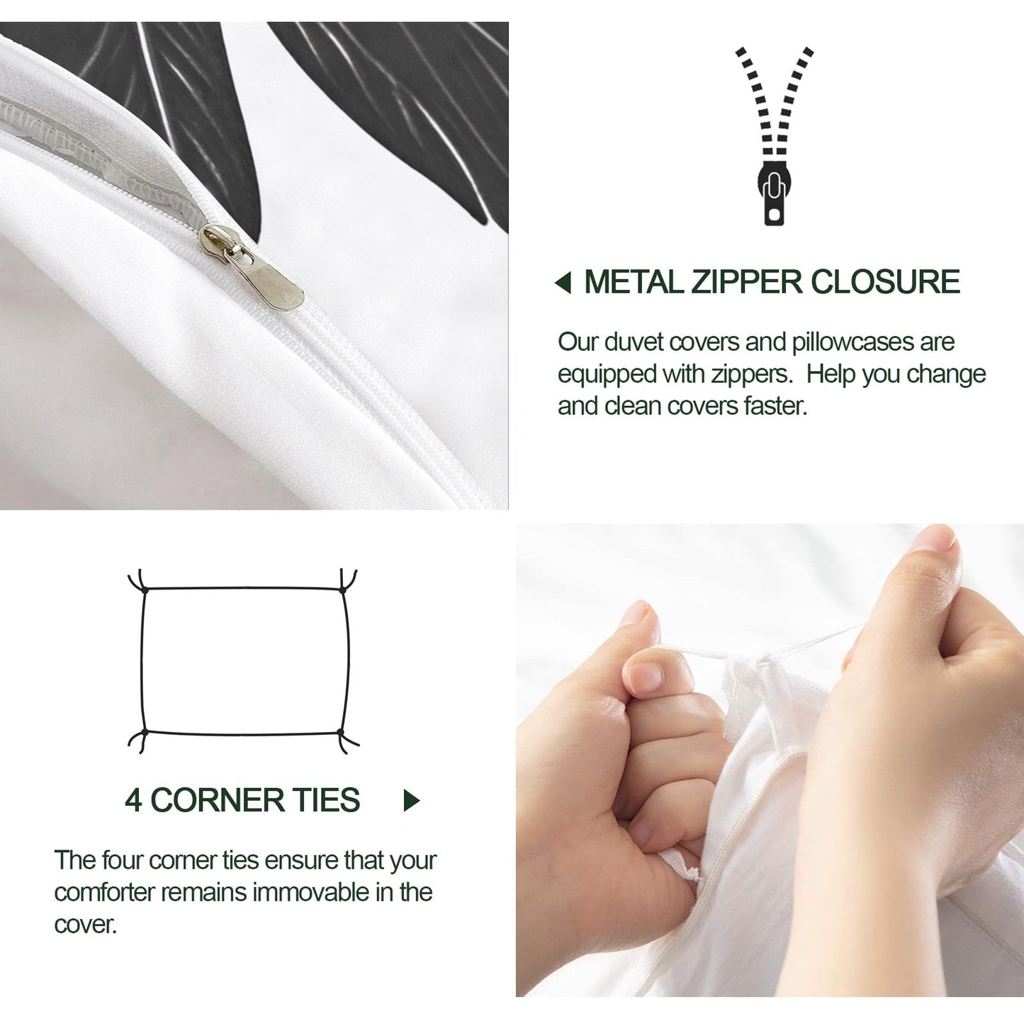 GKPLY Tropical Leaves Bedding Duvet Cover, Black Botanical Comforter Set with Zipper, Black and White Duvet Cover Twin, 3 Pieces with 2 Pillowcases, Reversible Bedding & Bedroom Decor, Easy Care