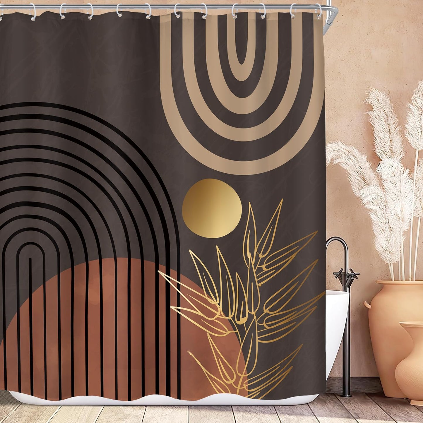 KOMLLEX Dark Brown Abstract Boho Shower Curtain for Bathroom Decor 60Wx72H Minimalist Aesthetic Mid Century Modern Shower Curtain Tan Palm Leaves Simple Fabric Waterproof Polyester 12 Pack Hooks