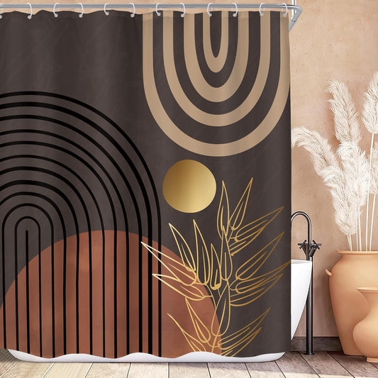 KOMLLEX Dark Brown Abstract Boho Shower Curtain for Bathroom Decor 60Wx72H Minimalist Aesthetic Mid Century Modern Shower Curtain Tan Palm Leaves Simple Fabric Waterproof Polyester 12 Pack Hooks