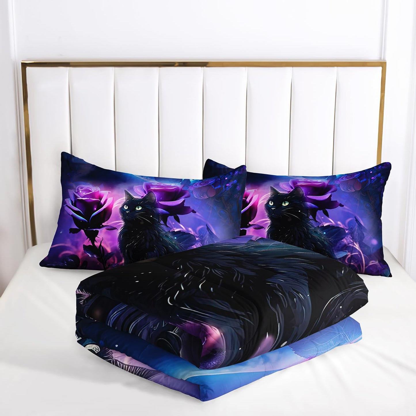 AILONEN Cartoon Black Cat Comforter Set Queen Size, 3D Purple Rose Bedding Set for Girls Women Bedroom Decor,Starry Night Planet Duvet Set,3 PCS, 1 Quilt 2 Pillowcases