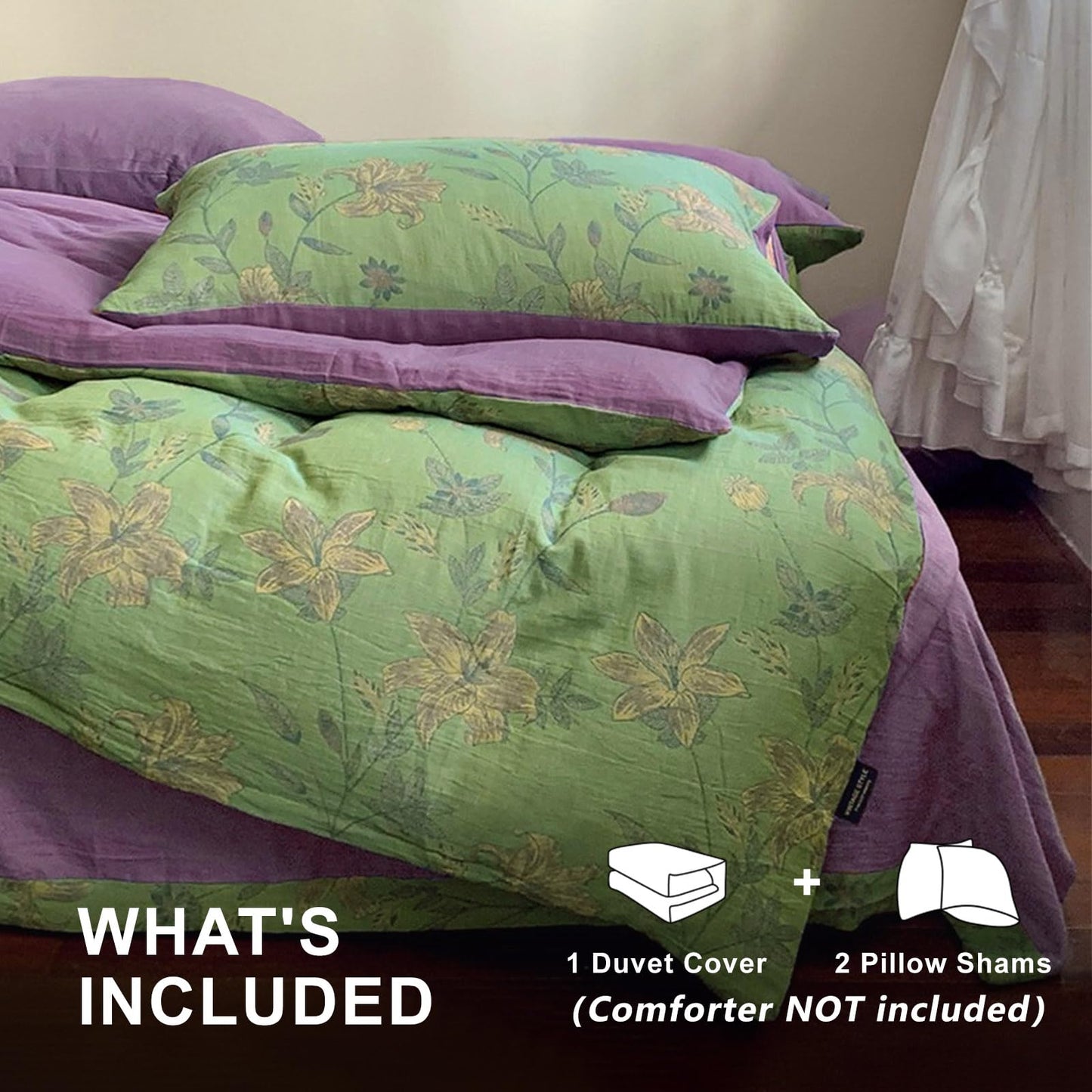 VM VOUGEMARKET Linen Cotton Jacquard Duvet Cover Queen,3 Pcs Yarn-Dyed Textured Duvet Cover Set Green Purple Floral Bedding Breathable, Natural Wrinkled Look-No Comforter
