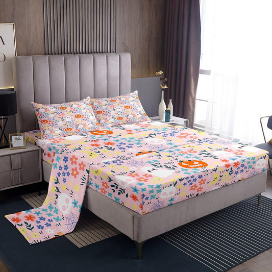 jejeloiu King Size Cute Halloween Bed Sheets Set for Kids Boys Girls Ghost Pumpkin Floral Fitted Sheet Pink Boo Spooky Bedding Set Bedroom Decor Breathable Soft Lightweight Microfiber 4Pcs