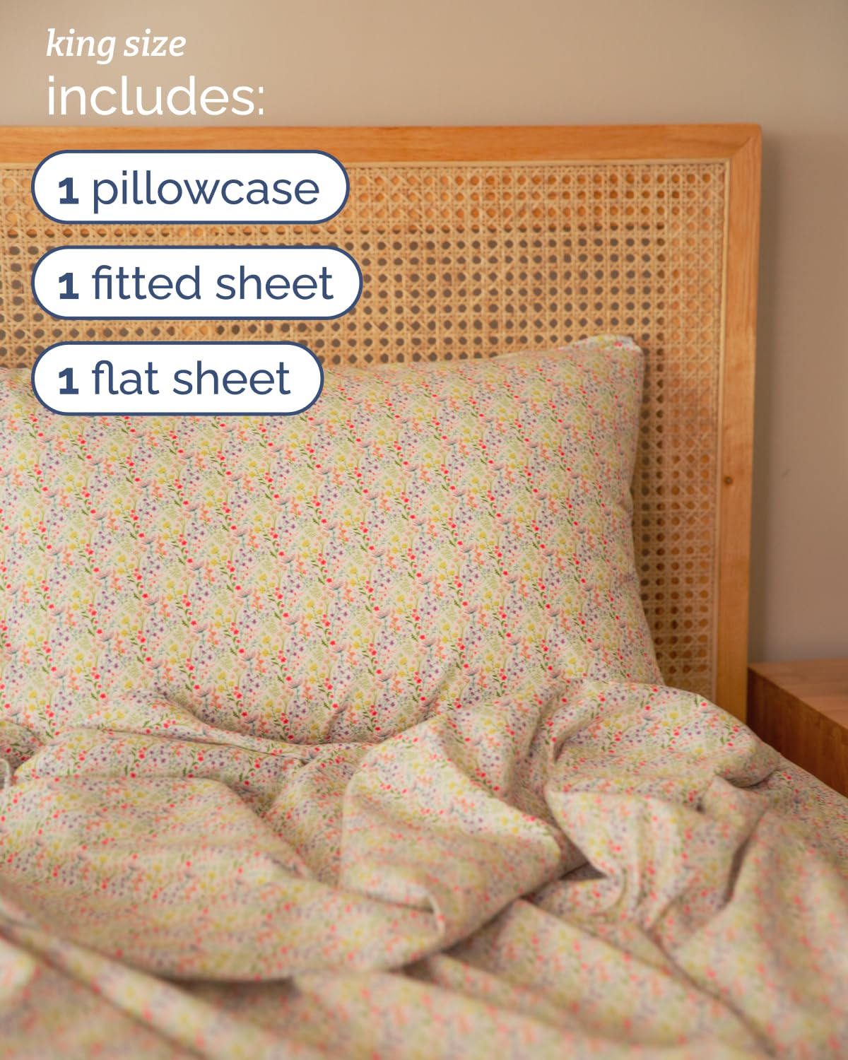 Floral Sheets - Flower Print Bed Sheet Set - 1 Flat, 1 Fitted & 2 Pillowcases w/ Deep Pockets - Comfy, Cozy, Wrinkle & Fade-Free - Boho Botanical Bedding - Soft, Breathable & Cooling - King Size Set