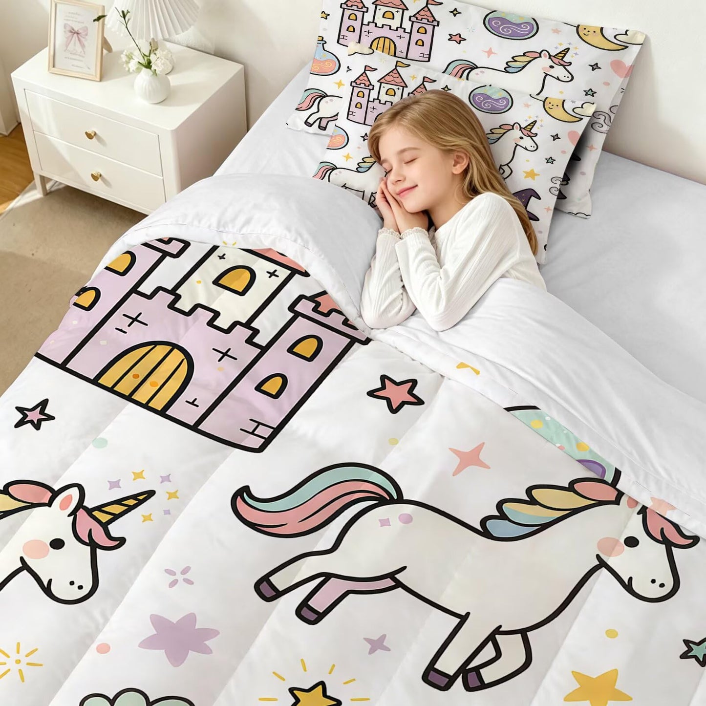 FUYEUN Cartoon Cute Unicorn 7 Piece Twin Comforter Set for Girls Toddler