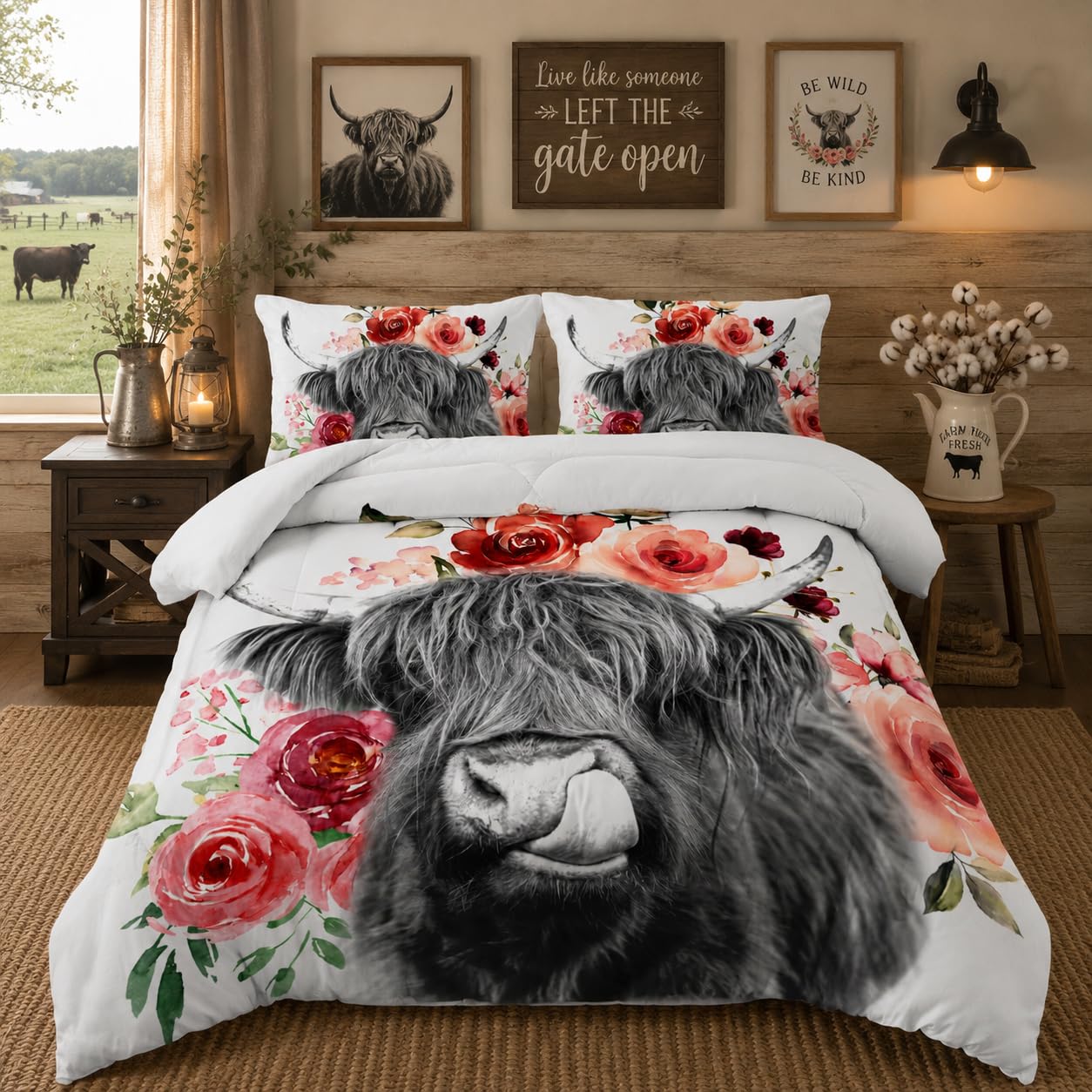 Nttopship Highland Cow Comforter Set - Twin Size, Kids' Wildlife Farmhouse Flower Comforter with 2 Pillowcases