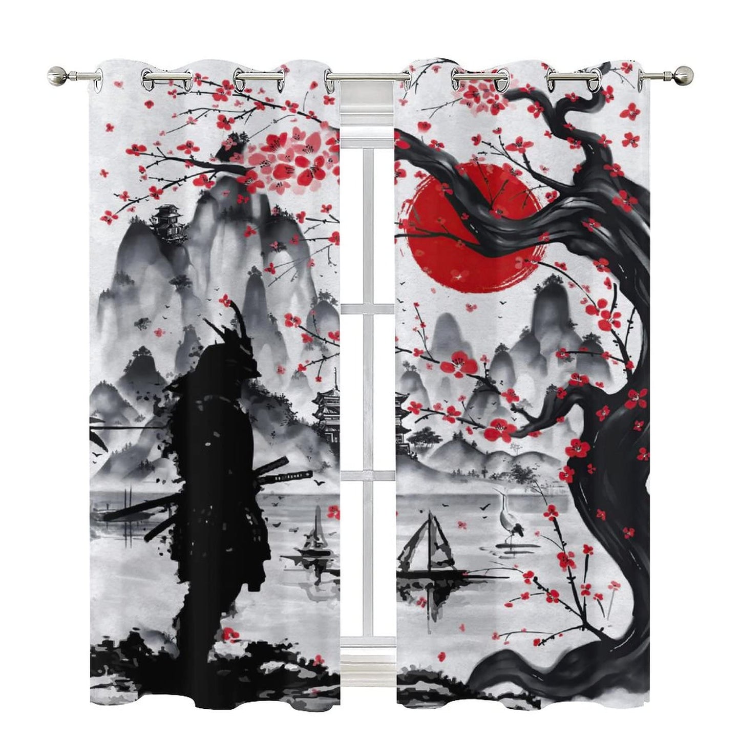 Retro Japanese Blackout Curtains for Bedroom,Watercolor Ink Samurai Red Sun Mountain Cherry Blossoms Grommet Thermal Insulated Room Darkening Curtains Window Curtains 2 Panels 45L x 21W