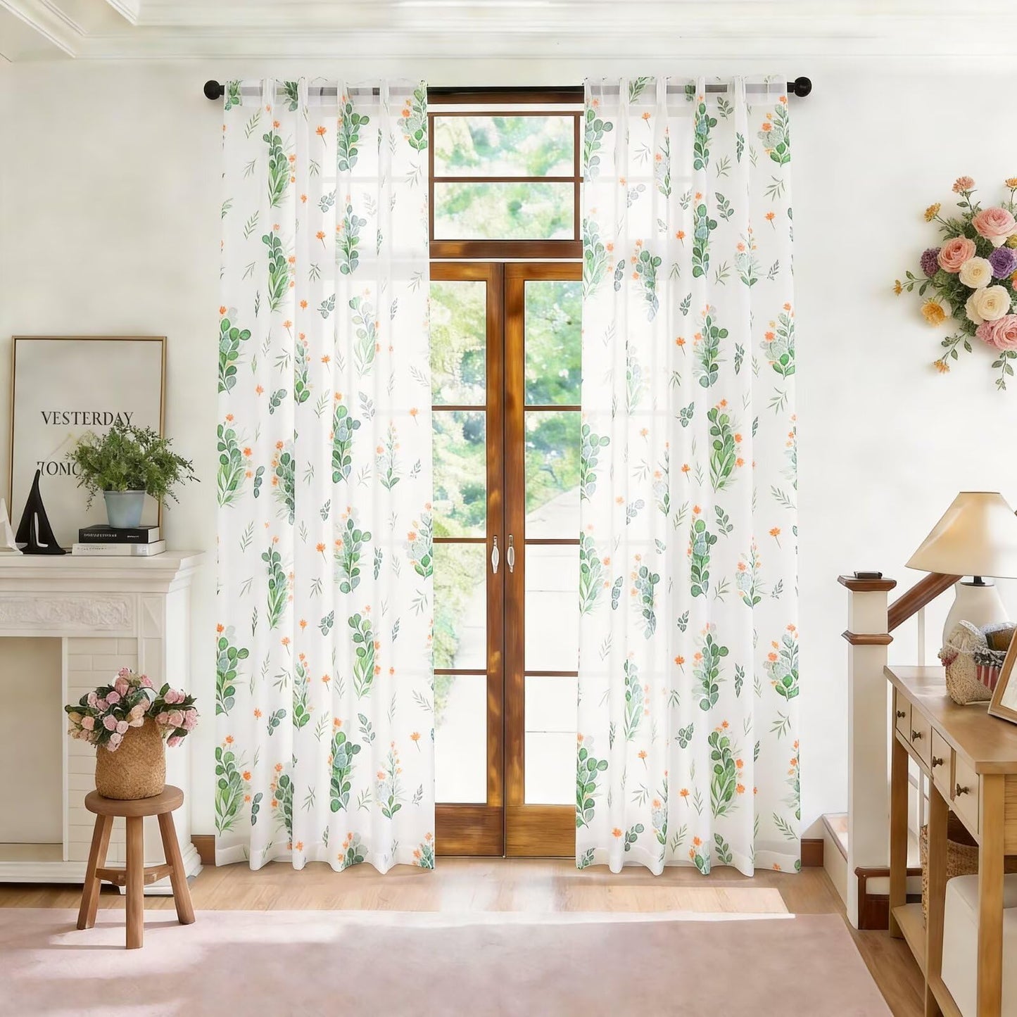 youleyar Floral Sheer Curtains for Living Room 84 Inches Long 2 Panels White Semi-Sheer Curtain with Green Floral Printed Pattern Summer/Spring Rod Pocket Voile Drapes for Bedroom, 52" W x 84" L