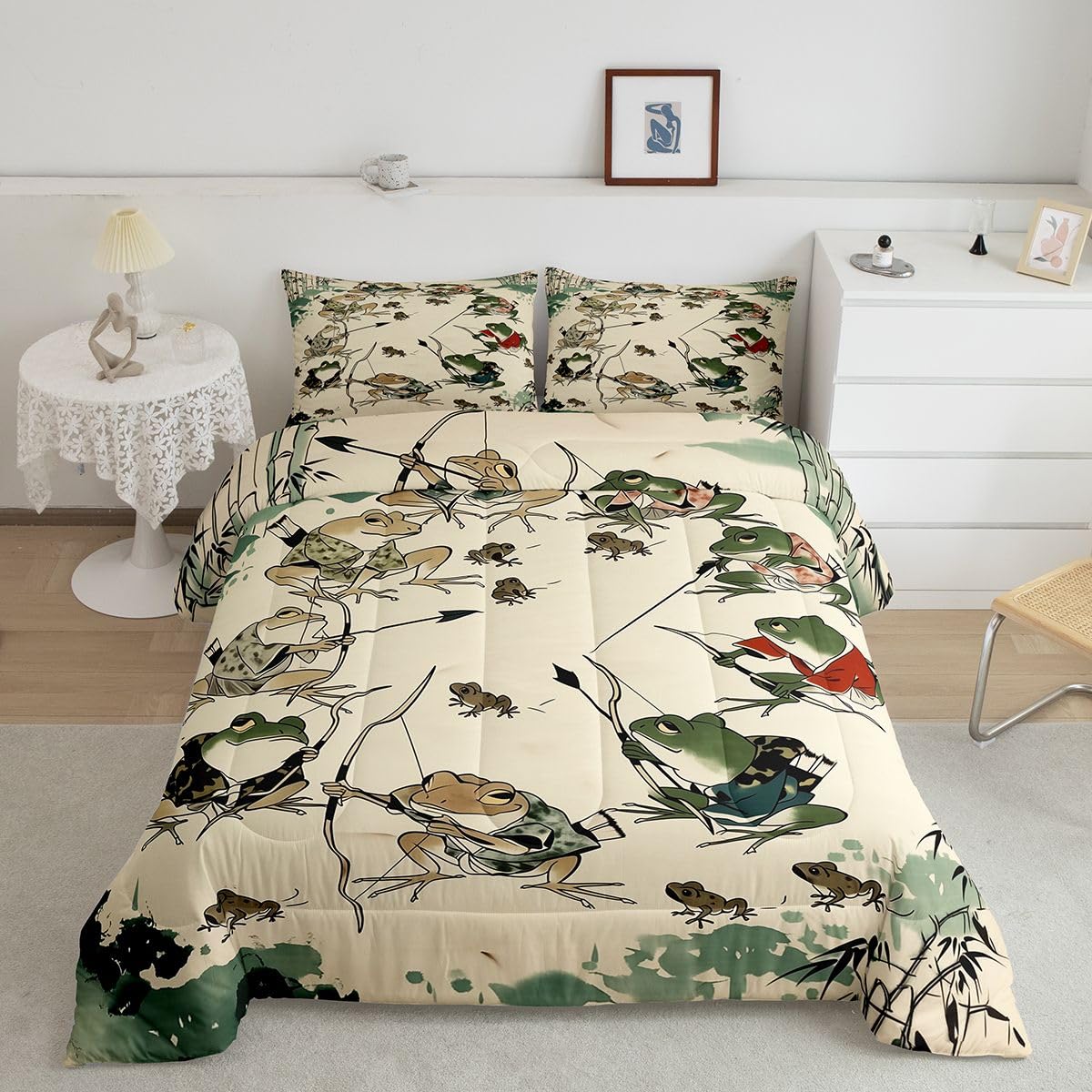 jejeloiu Funny Frog Bedding Set Soft for Boys Girls, Japanese Comforter Set Queen Size Asian Style Duvet Quilt Microfiber Animal Print Bedroom Decor 3 Pcs with 2 Pillow Cases