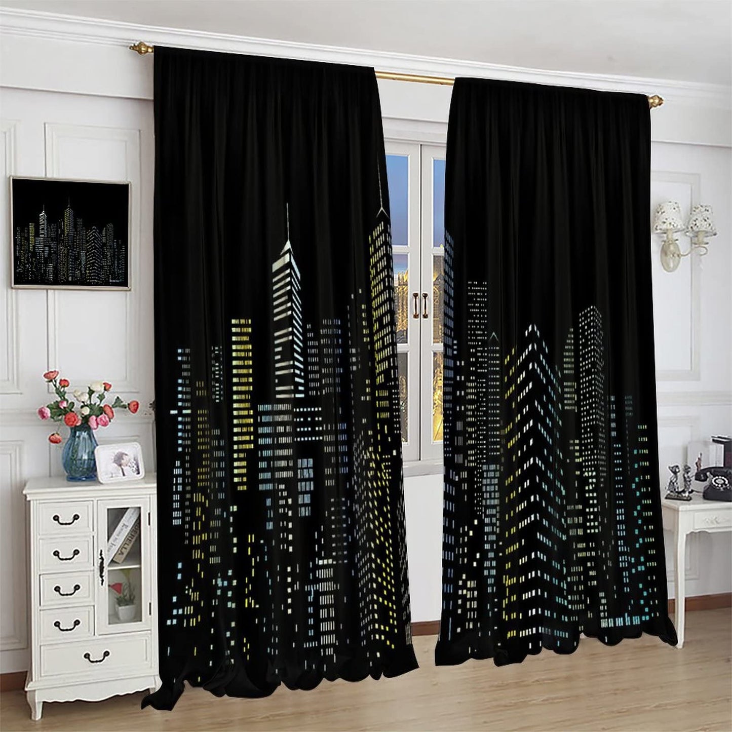 New York Window Curtains,Abstract Modern City Silhouette Black Background Room Darkening Door Window Rod Pocket Curtain for Living Room Bedroom Kitchen Decor W42xL45in