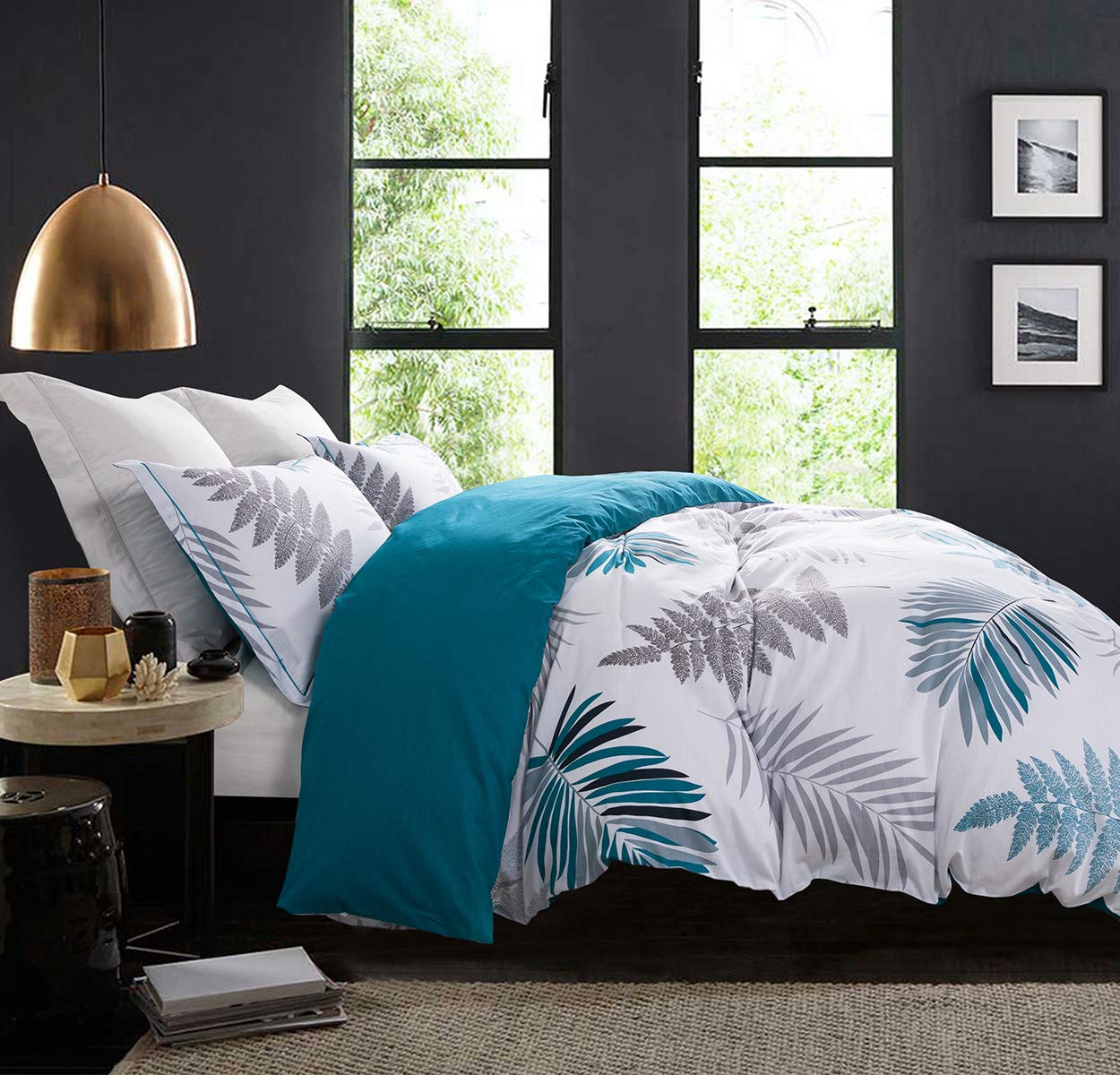 SLEEPBELLA Comforter Queen Size, 600 Thread Count Cotton Blue Floral with Khaki & Grey Leaves Pattern White Reversible Comforter Set,Down Alternative Bedding Set 3Pcs(Queen, Blue Botanical)