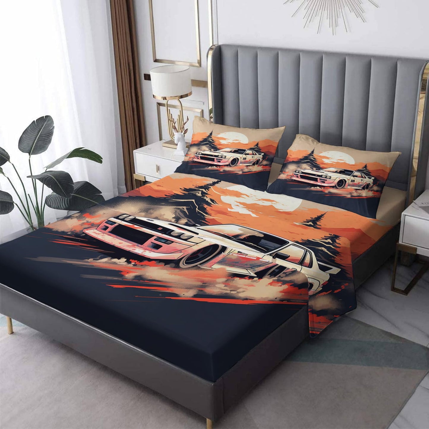zcsm JDM Car Sheets King Sheet Sets - Japanese Race Car Bed Sheets, Soft Microfiber & Deep Pocket & Wrinkle Free Patterned Bedding Sheets & Pillowcases, 1 Fitted Sheet, 1 Flat Sheet, 2 Pillow Cases