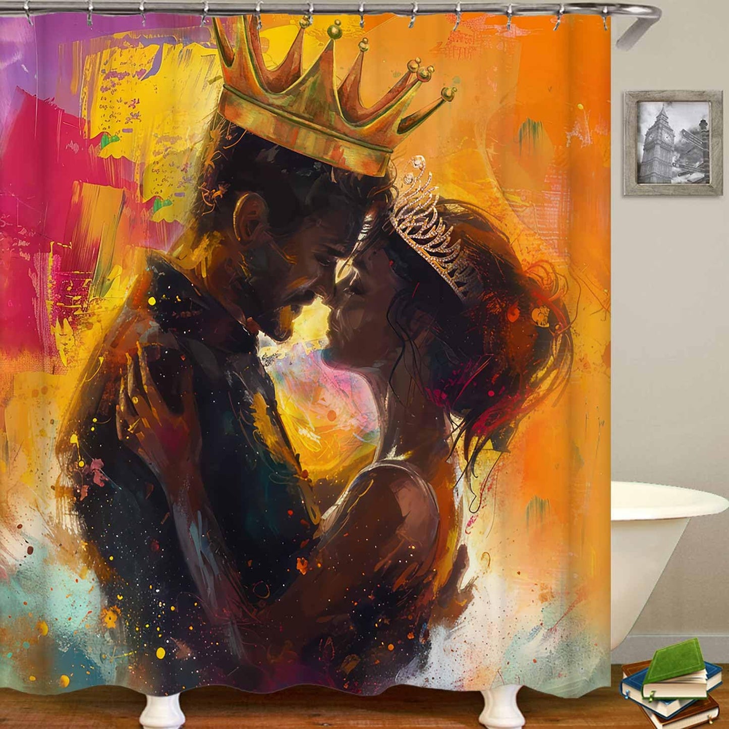 OLEBETY 4PCS African American Shower Curtain Sets with Rugs, Waterproof Fabric Shower Curtain, Oil Painting Art Romantic Black King Queen Afro Couple Lovers Luxury Gold Crown Men Women Bathroom Decor