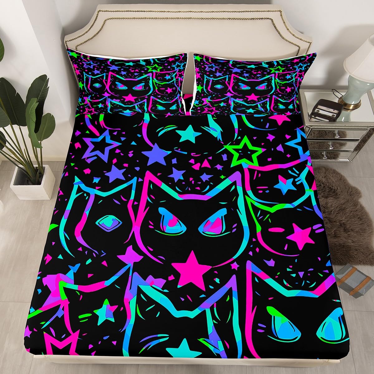 Erosebridal Cartoon Cat Sheet Set, Black Cat Bed Sheets Set for Kids Girls Boys Teens, Ombre Glowing Neon Stars Sheets, Kawaii Kitten Flat Fitted Sheet, Gradient Galaxy Bed Set All Season, Full 4Pcs