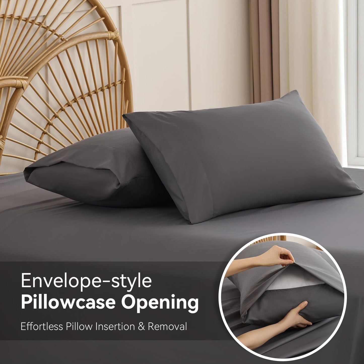 FreshCulture King Size Bed Sheets 4 Piece Sheet Set Include 15" Deep Pocket Fitted Sheet Flat Sheet and 2 Pillowcases Grey Bedding Soft Wrinkle & Fade Resistant Bedsheets for Bedroom