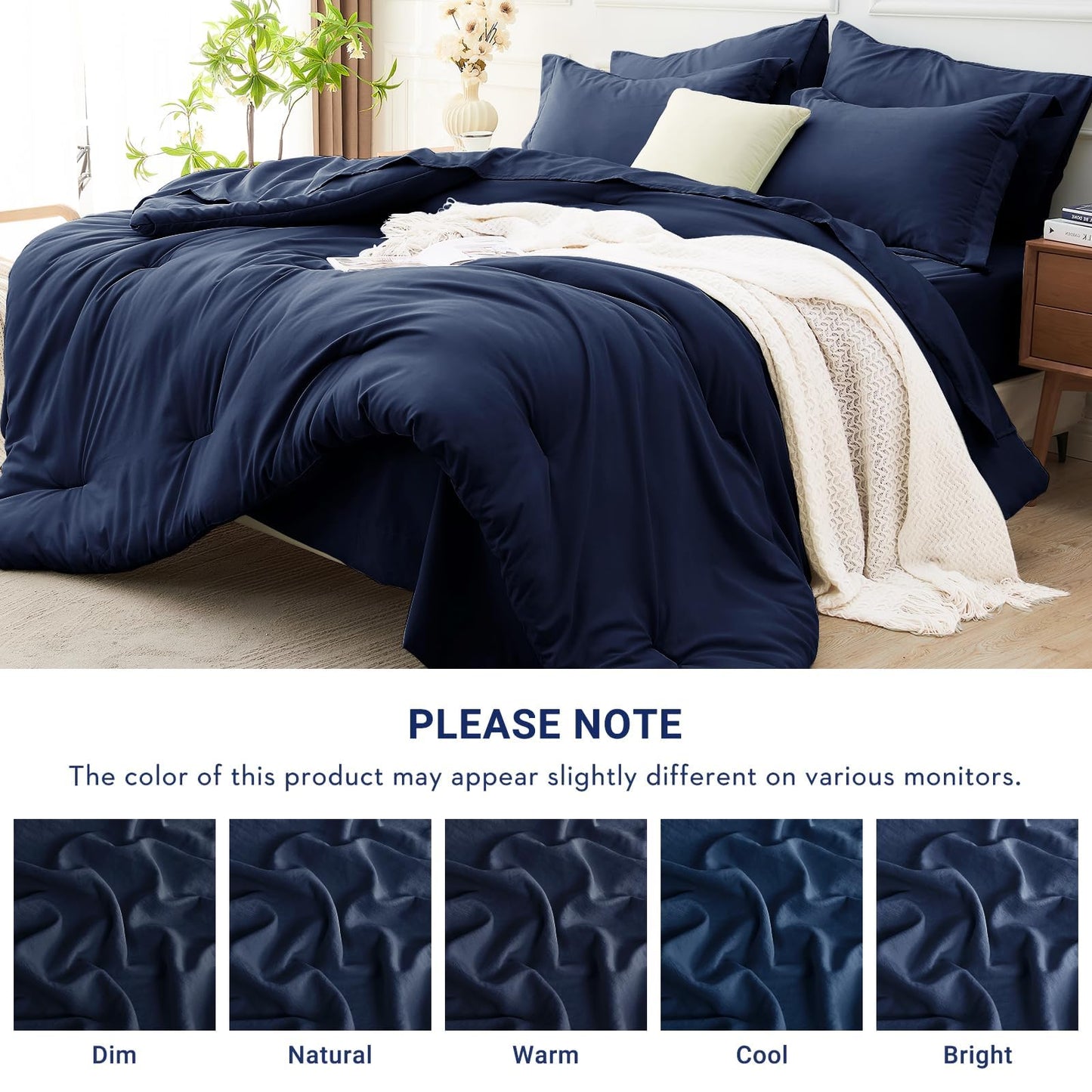 MUXHOMO 7 Pieces King Comforter Set, Soft Bed in a Bag King Size, All Season Bedding Set with Comforter, Flat Sheet, Fitted Sheet, Pillowcases & Shams, Navy Blue