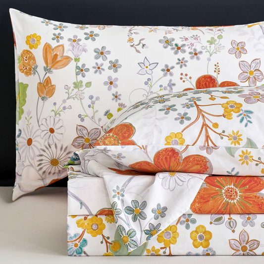 Zusbest Floral Sheets Queen Size 100% Percale Cotton Orange &Yellow Wildflower Bed Sheet Set, Soft Breathable Crisp Watercolor Flower Botanical Bedding, Deep Pocket Fitted Sheet 17.5‘’, 4Pcs, Queen