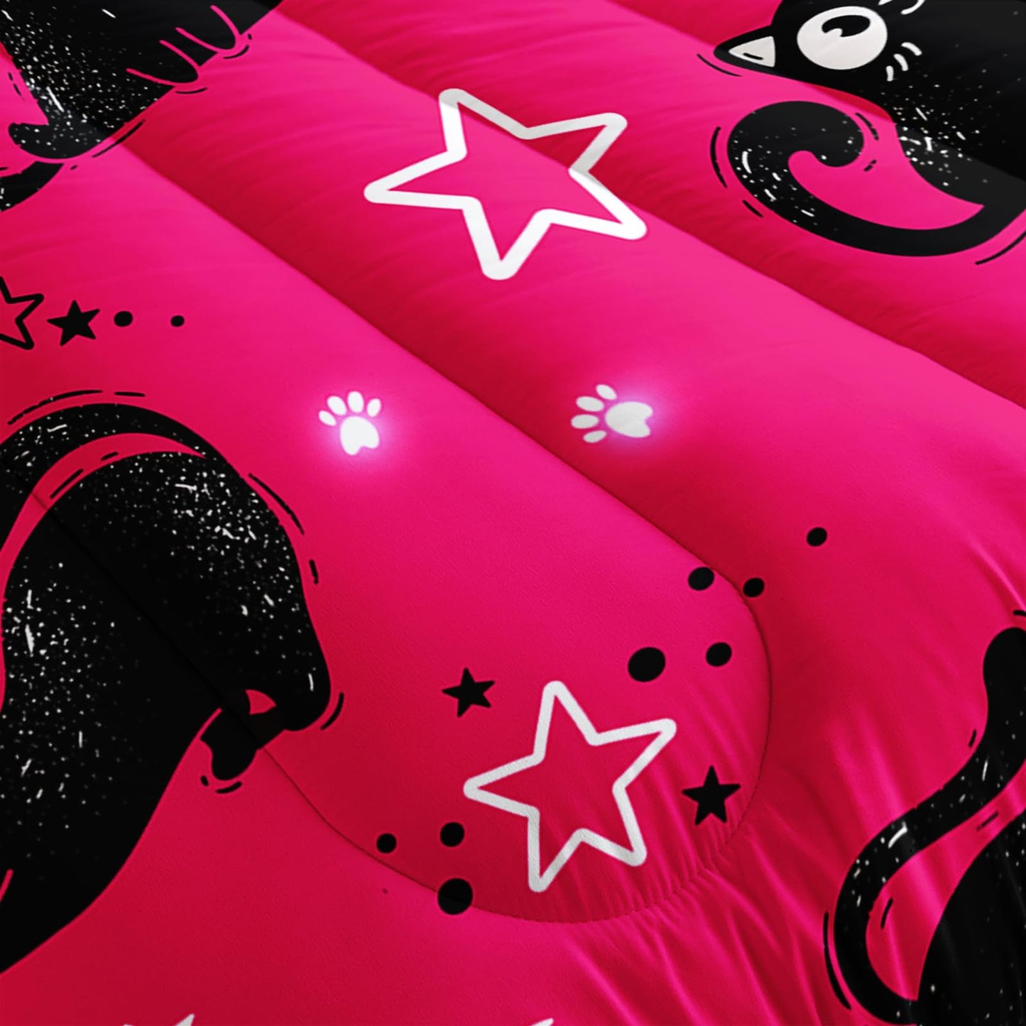 Nttopship Pink Cartoon Cat Comforter Twin Size,Black Cats Moon Night Starry Sky Quilt Set for Girls Boys Teens Animals Print Room Decor Soft Microfiber Comforter and 2 Pillowcases