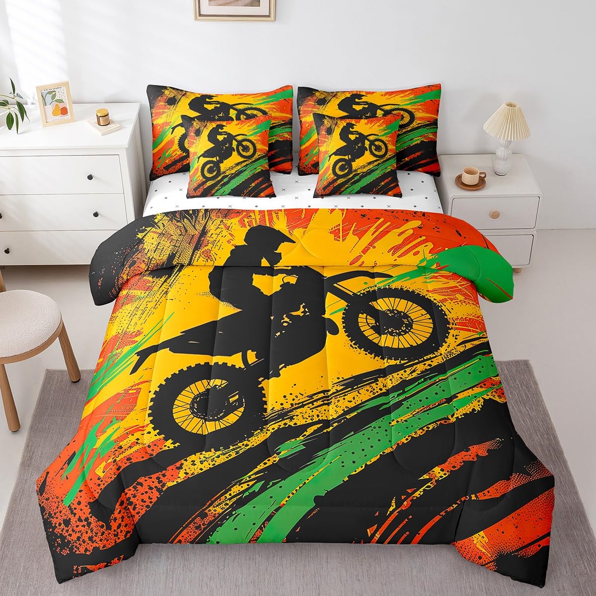 Erosebridal Motocross Rider 7 Piece Comforter Set Full Bed in a Bag,Extreme Sports Bedding Sets Motorcycle Dirt Bike Sheet Set with Comforter