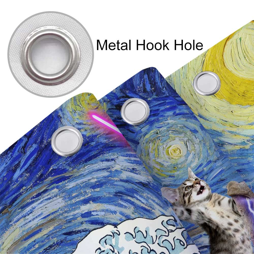 Xguatan Funny Cat Shower Curtain, Cool Dinosaur Cat in Japanese Kanagawa Waves Shower Curtain for Bathroom, Blue Ocean Fabric Hilarious Anime Shower Curtain Set with 12PCS Hooks, 60X70IN