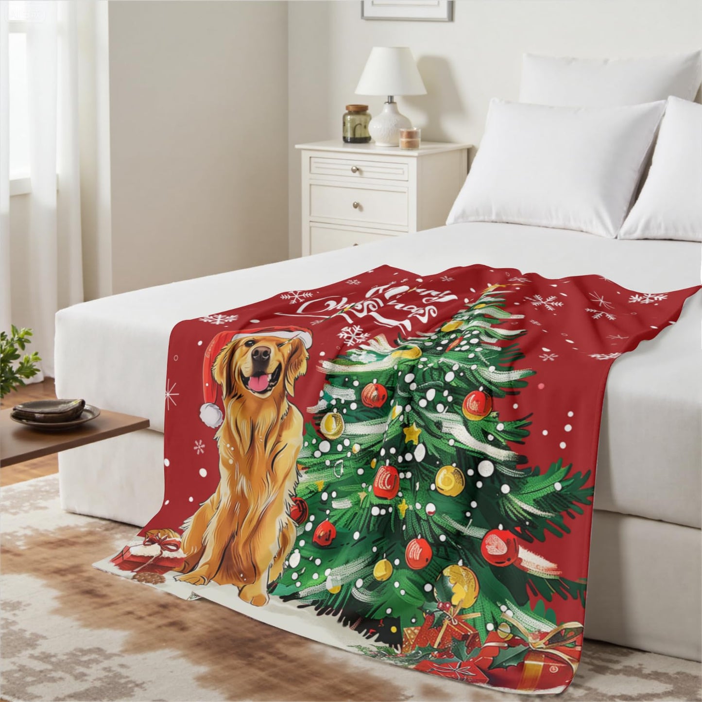 Christma Dog Throw Blanket 50 x 60 Inch Xmas Tree Bells Snow Snowflakes Soft Cozy Flannel Blanket Home Seasonal Decor Winter Gift Blanket for Living Room Sofa