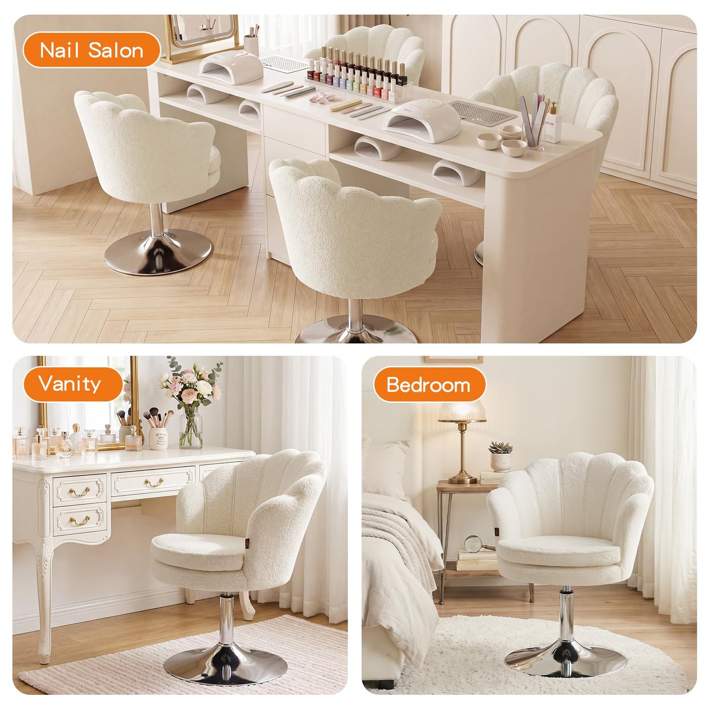Furniliving Teddy Vanity Chair No Wheels, Modern Swivel Makeup Chair with Ergonomic Lotus-Shaped Backrest, Height Adjustable, Comfy Desk Chair for Dressing Room, Home Office, Bedroom, White