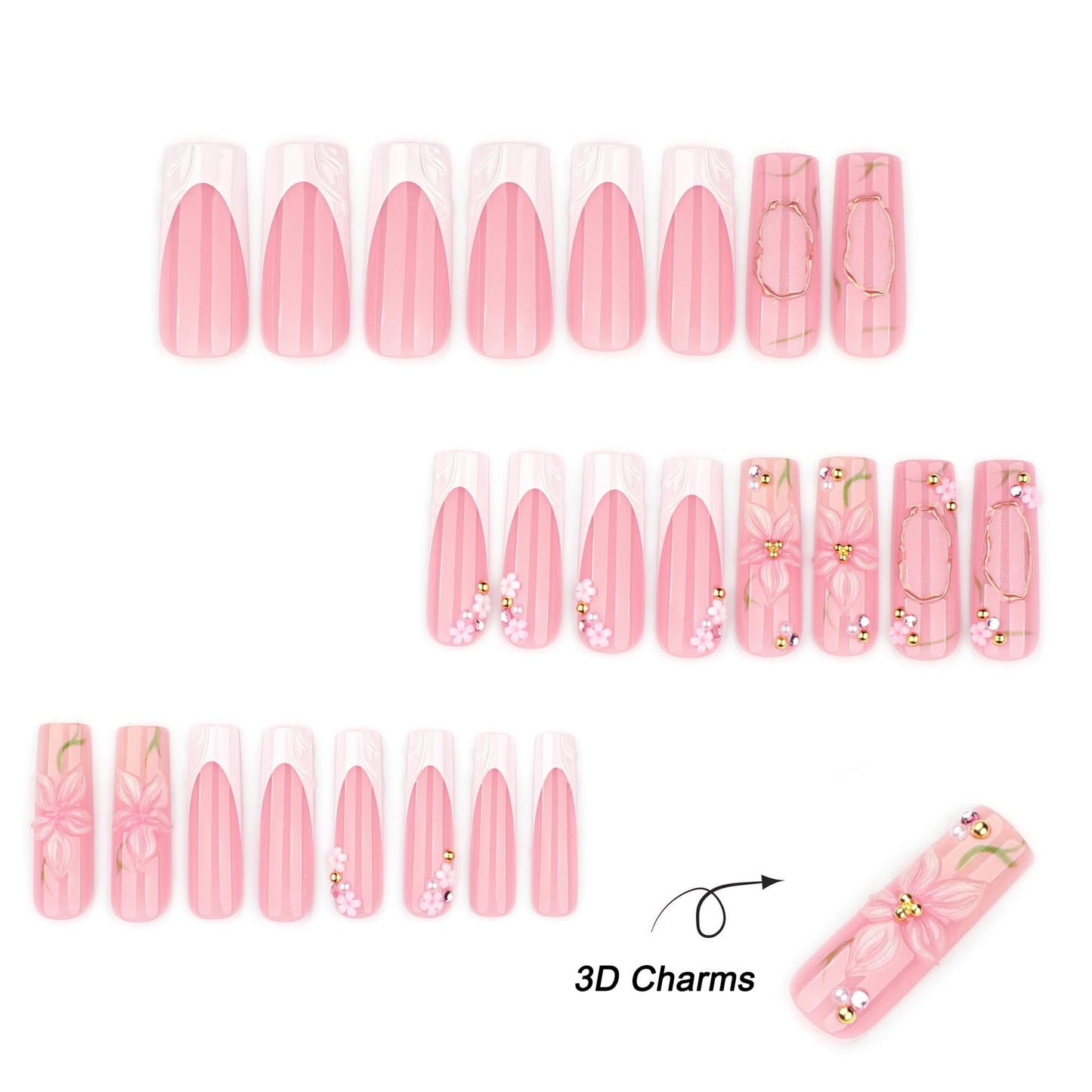 plalely White Press on Nails Square Long 3D Flowers Press on False Nails Gold Embossed Charms Stick on Nail for Women 24pcs
