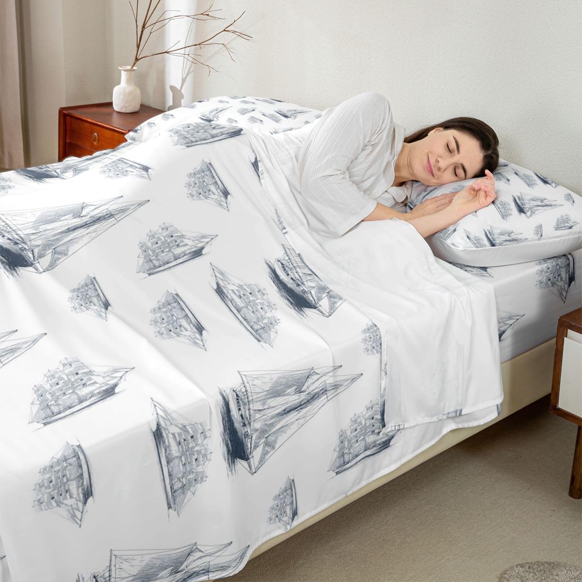 Feelyou Natural Bed Sheets Set Full Size Coastal Sheet Set for Kids Boys Girls Decor Beach Theme Sheets with Deep Pocket Fitted Sheet Boat Print Blue and White Bedding Set Bedroom