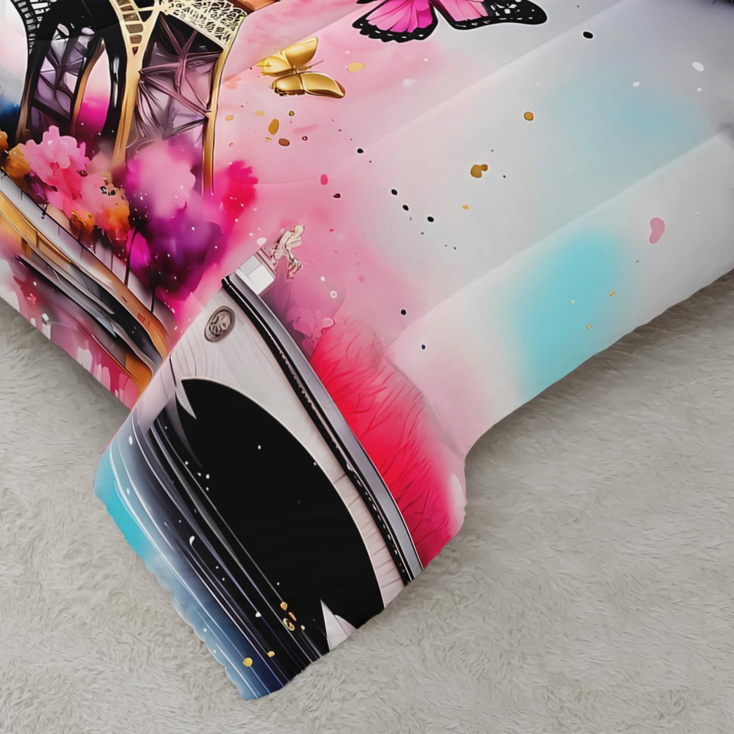 QOOMO Eiffel Tower Kids Full Comforter Set 3Pcs Pink Butterfly Bedding Set for Girls Boys Black and White Paris Printed Comforter with 2 Pillowcases Lightweight Microfiber for All Seasons