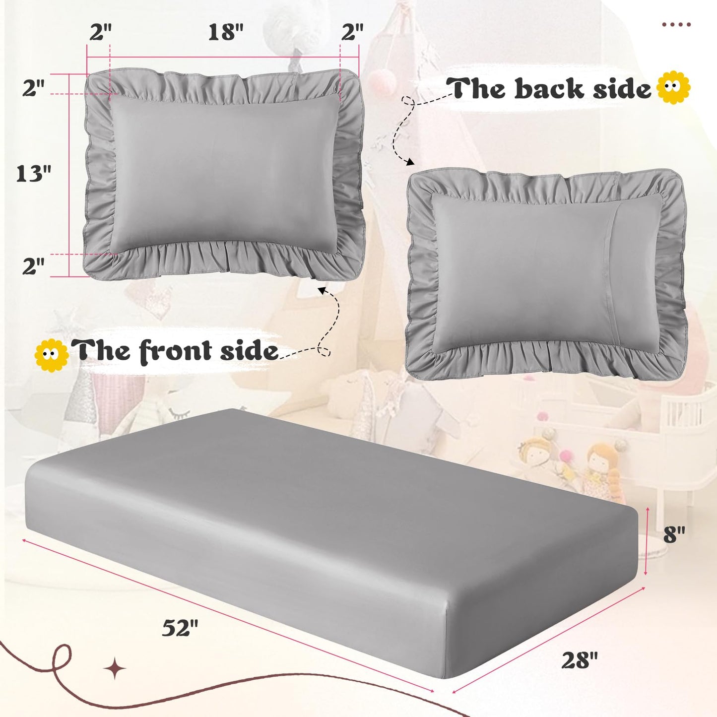KKJIAF 3 Piece Toddler Sheet Set Microfiber, Includes a Flat Sheet, a Fitted Sheet and a Ruffle Pillowcase, Grey