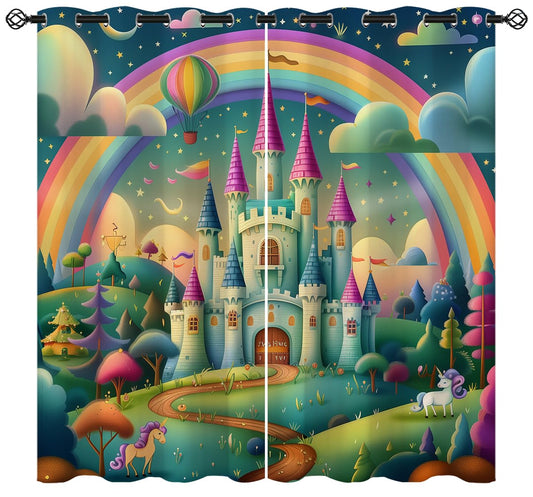 XINBADU Princess Castle Blackout Curtains for Girls Boy Home Decor, Rainbow Colorful Fairy Tale World Grommet Thermal Insulated Drapes Darkening Window Curtain for Bedroom Living Room, 42 x 45 Inch