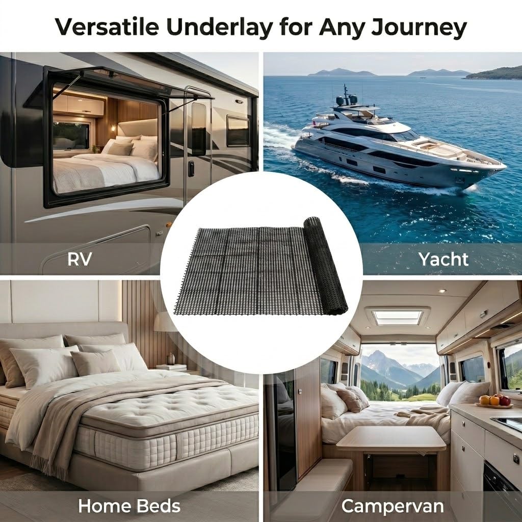 83" L x 59" Inch Plastic Ventilated Mattress Underlay Pad for RV Boat Camper Interlocking Modular Design, Breathable Mesh RV Under Mattress Ventilation Air-Flow (Black)