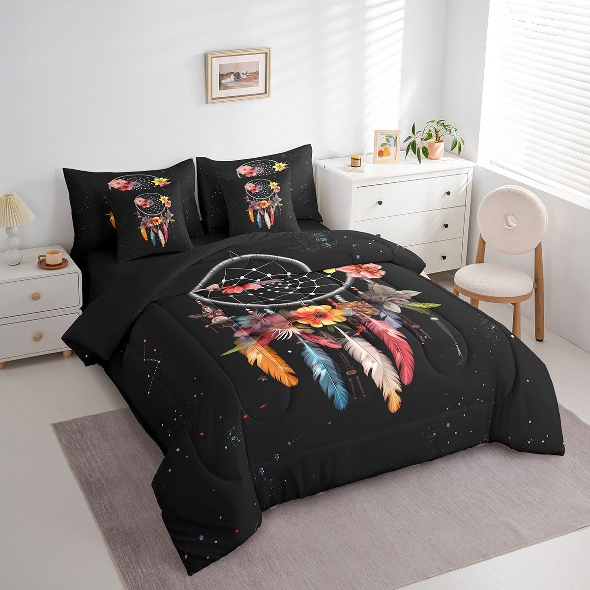 Erosebridal Bohemian Dream Catchers 7 Piece Comforter Set Full Bed in a Bag,Colorful Feather Floral Bedding Sets Flowers Dreamcatcher Sheet Set with Comforter