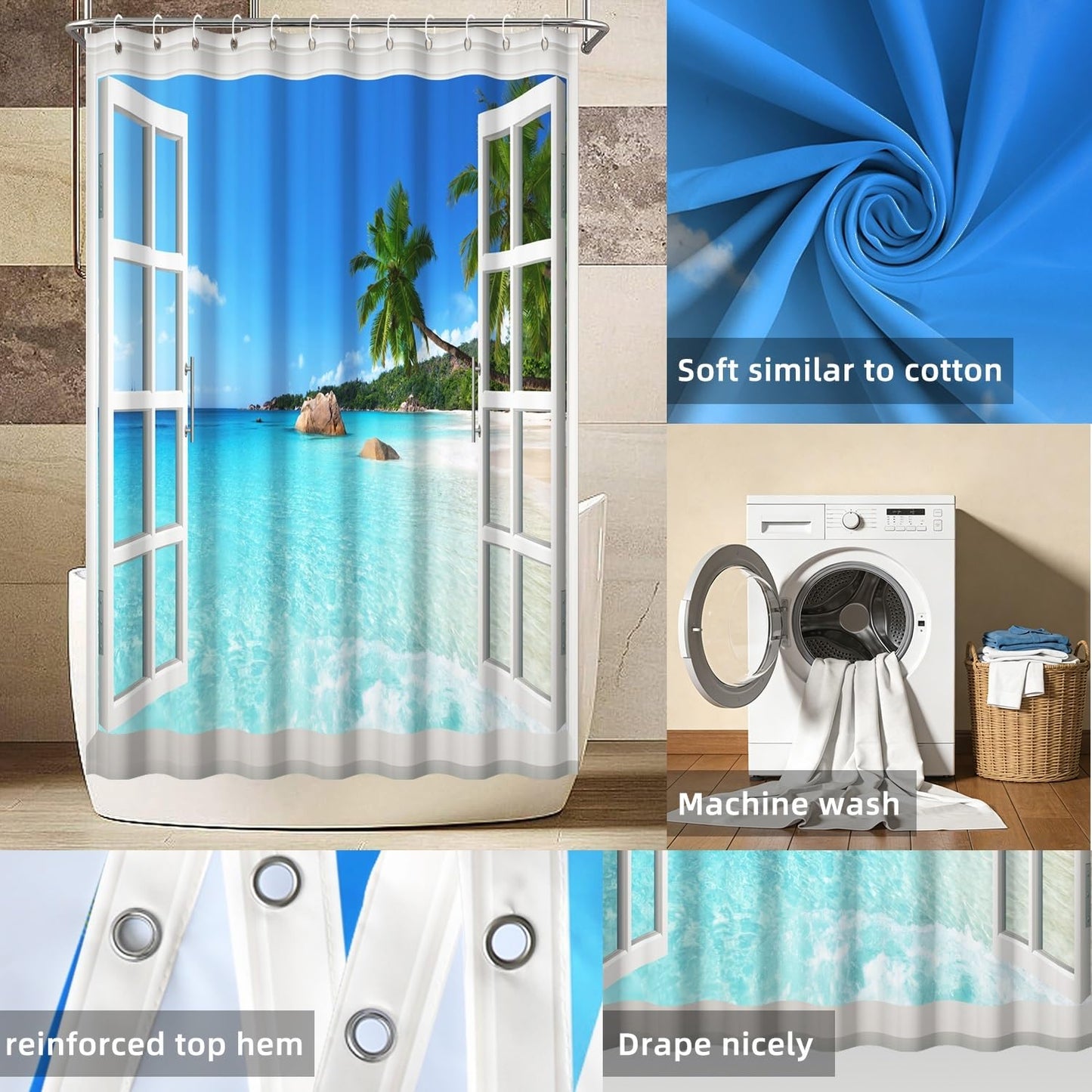 Yeele Ocean Beach Fake Window Shower Curtain, Tropical Seascape Bathroom Decor, Machine Washable Decorative Bath Curtain 60x72 Inch with Hooks