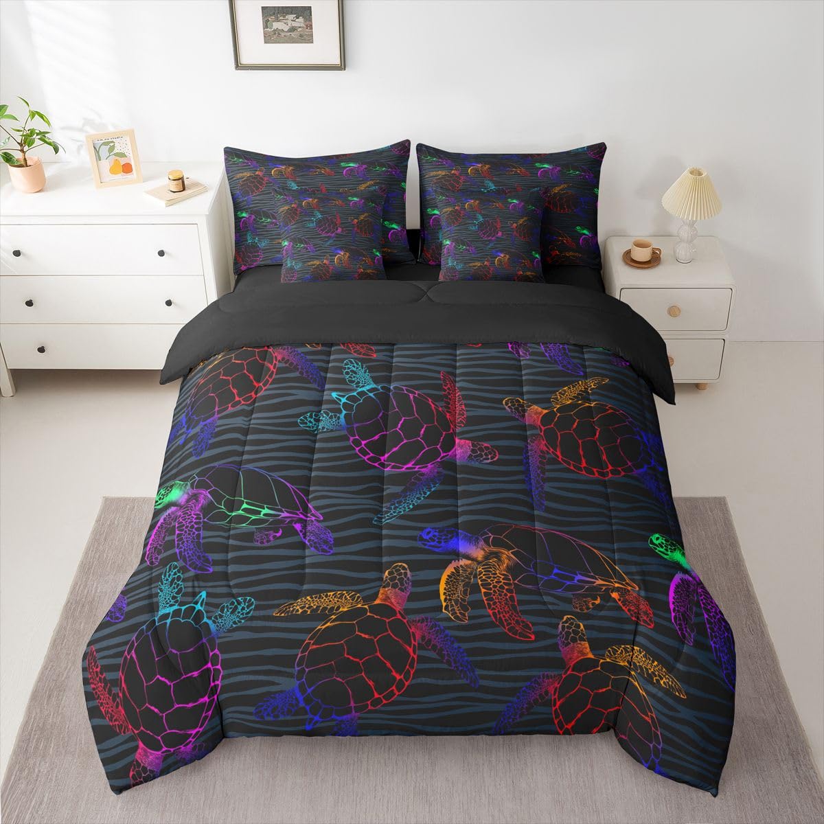 Erosebridal Sea Turtle Queen Size Comforter Set, Ocean Animal 7-Piece Bed in A Bag, Tortoise Sheets and Pillowcases, Gradient Wildlife Coastal Beach Bedding Set Room Decor