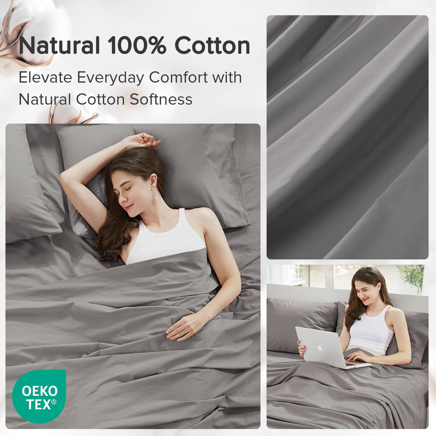 Comfort Spaces 100% Cotton Sheets Full, Breathable & Ultra Soft Cotton Sheets, Naturally Cool Cotton Bed Sheets with 14" Elastic Pocket Fits up to 16" Mattress, All Season Sheet Set, Dark Gray 4 Piece