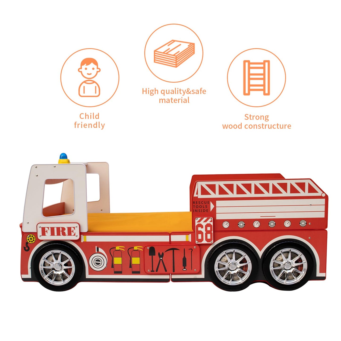 LKTART Twin Size Car Bed for Kids, Fire Truck-Shaped Wooden Platform Bed Frame with LED Lights, Headboard Wheels and Support Slats for Boys Toddlers Child's Bedroom (Red)