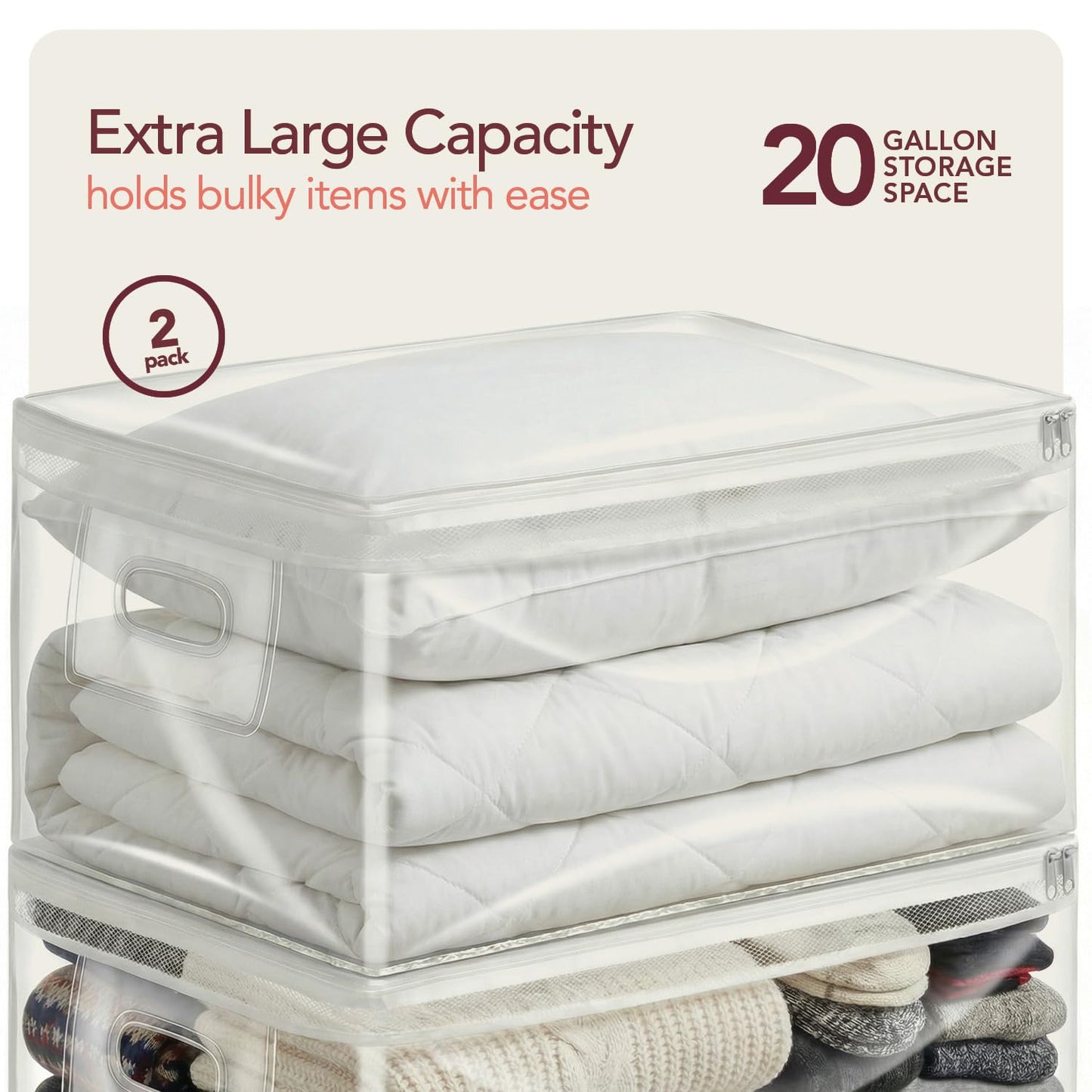 20 Gallon Jumbo Clear Storage Bags with Zipper, 2 Pack Extra Large Under Bed Storage Bags (15.75x26x11.9 in) Transparent Plastic Bags for Clothes, Blankets, Comforters, Quilts & Seasonal Storage